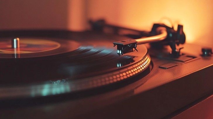 Nærbillede af en vinylplade, der snurrer på en pladespiller