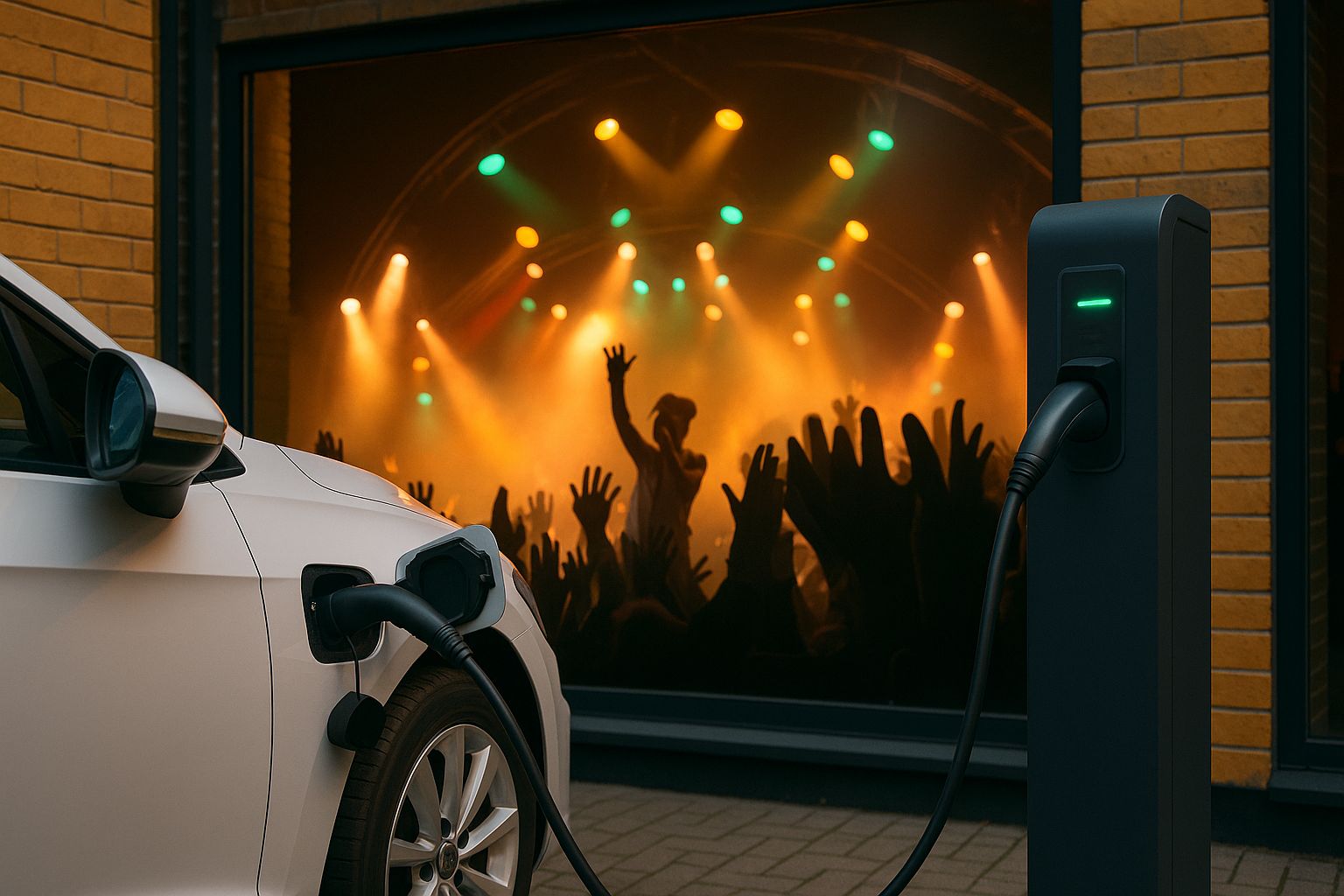 Live-musik med elbil opladning: band spiller, biler lader i skumringen