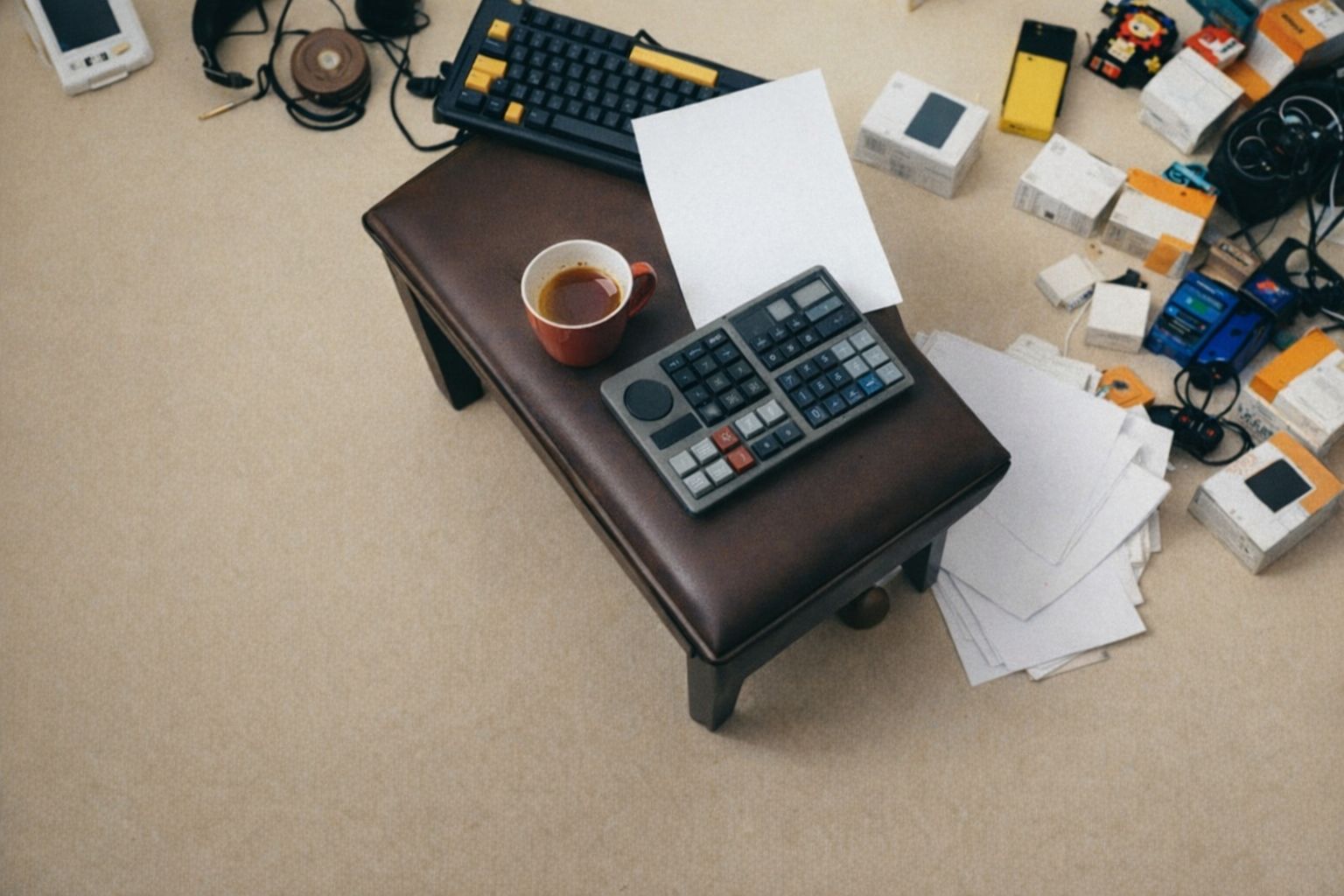 Skrivebord hos en musikvirksomhed med udstyr, kaffe og ubetalte fakturaer.